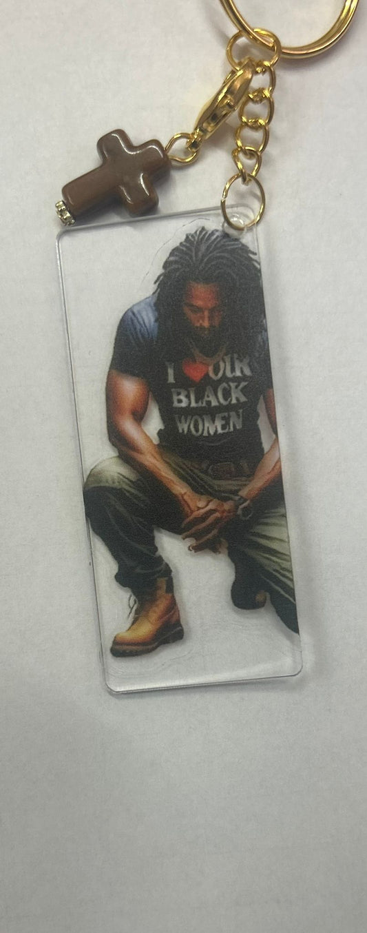 Elegante sleutelhanger 'I ♥ Black Women' met kruisje van Onlyheknows2025, prachtig sieraad met krachtige boodschap, ideaal voor het vieren van diversiteit.