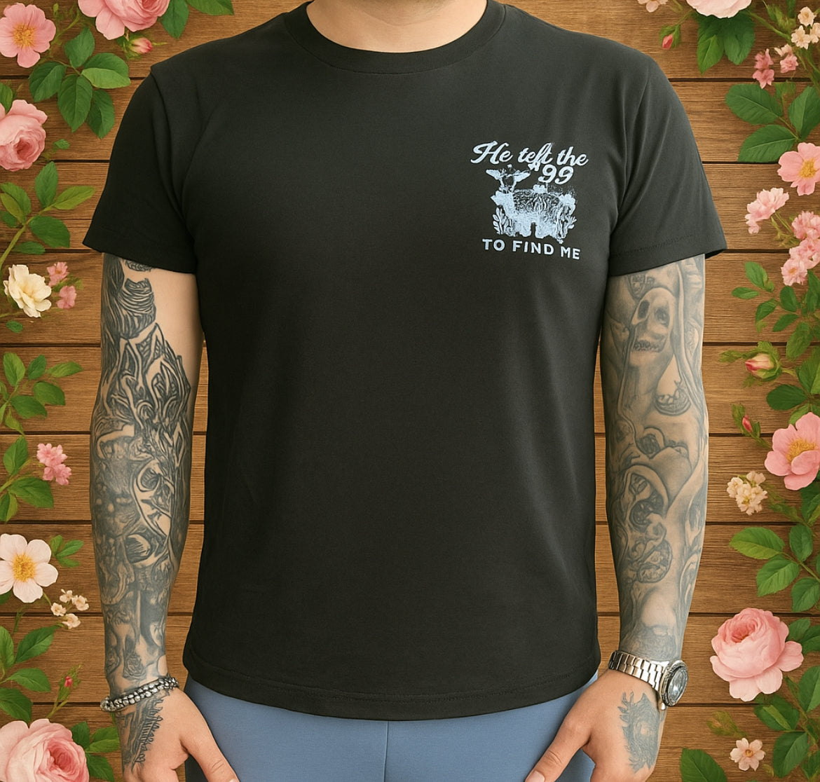 “He Left the 99 to Find Me” Heren T-shirt – Lost Sheep Redemption Tee (Zwart)