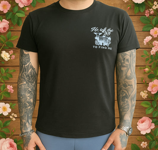 “He Left the 99 to Find Me” Heren T-shirt – Lost Sheep Redemption Tee (Zwart)