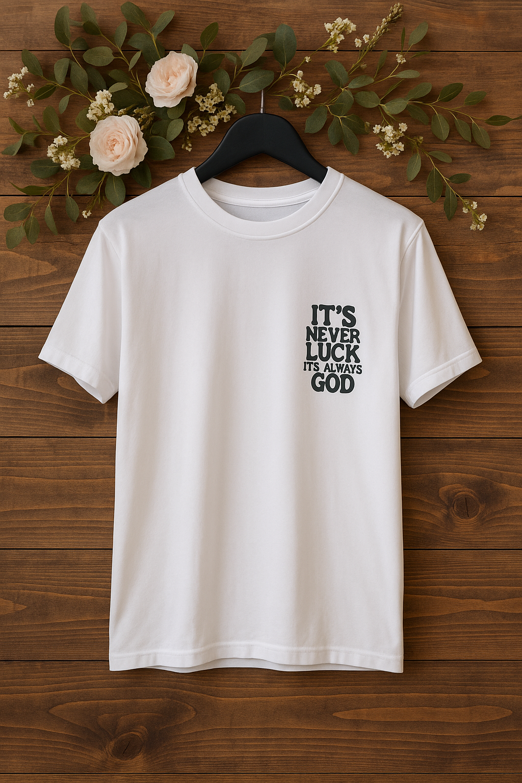 "It’s Never Luck, It’s Always God" – Heren T-shirt | Faithwear Collectie