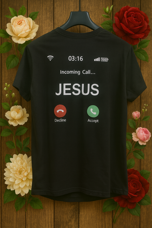"Incoming Call… JESUS" T-shirt – Faith Meets iPhone-Style (Zwart)