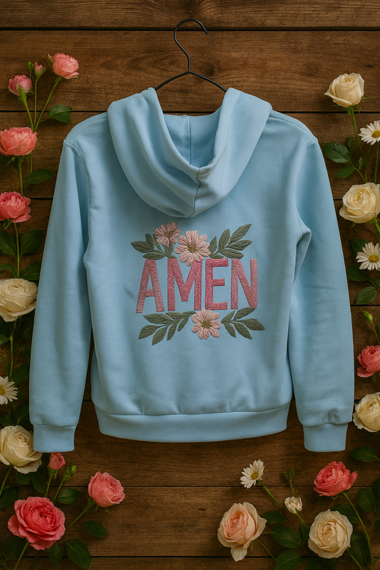 “AMEN” Hoodie – Lichtblauw met Bloemenprint | Girls & Dames XS Fit