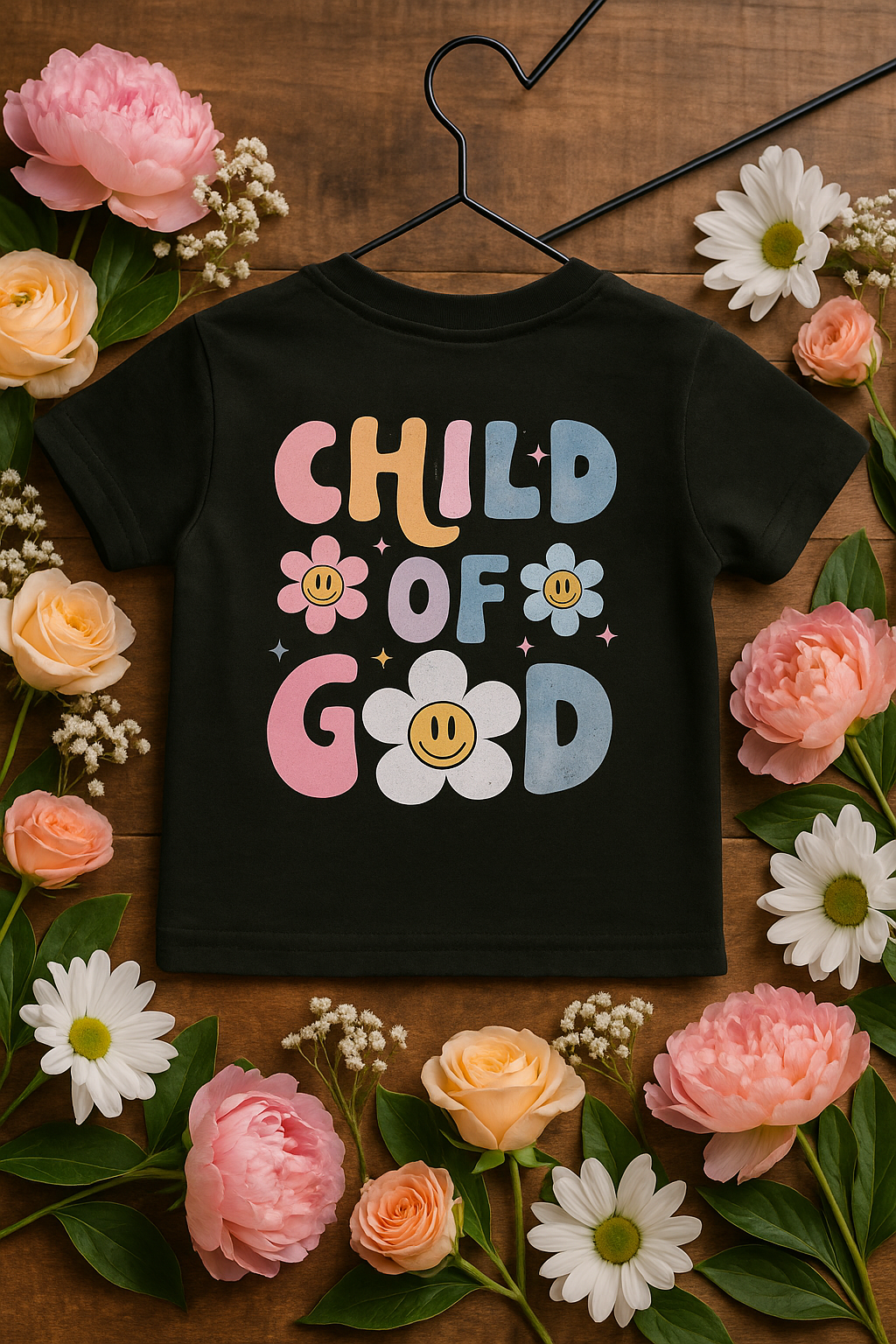 “Child of God” Kinder T-shirt – Zwart met Kleurrijke Smileys & Bloemenprint