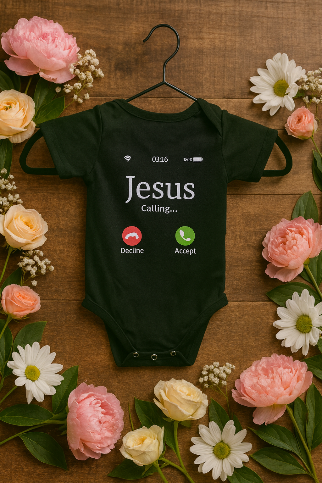 “Jesus Calling...” Baby Romper – Smartphone Style Faith Design (Zwart)