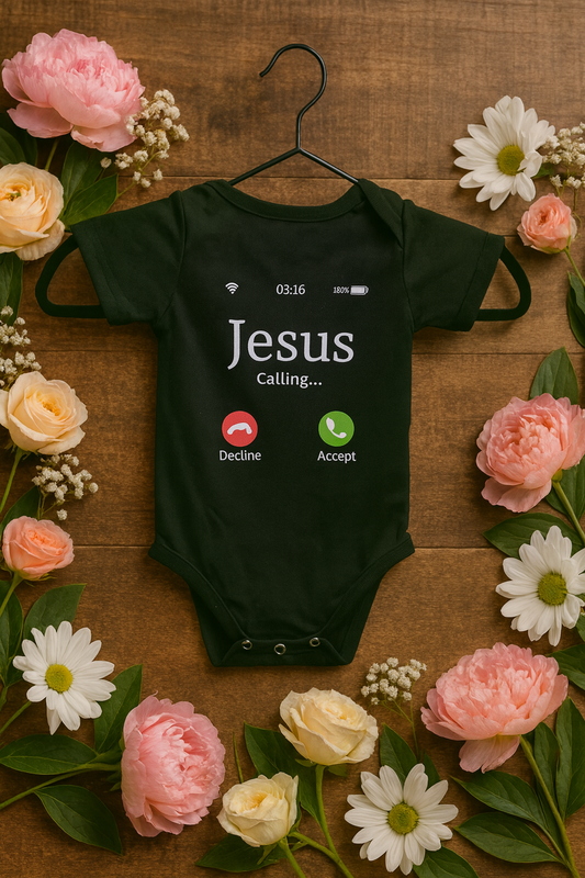“Jesus Calling...” Baby Romper – Smartphone Style Faith Design (Zwart)