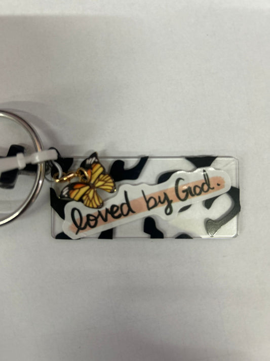 Stijlvolle sleutelhanger 'Loved By God' met zebra print en elegante gouden vlinder. Luxe acryl materiaal van vendor Onlyheknows2025.