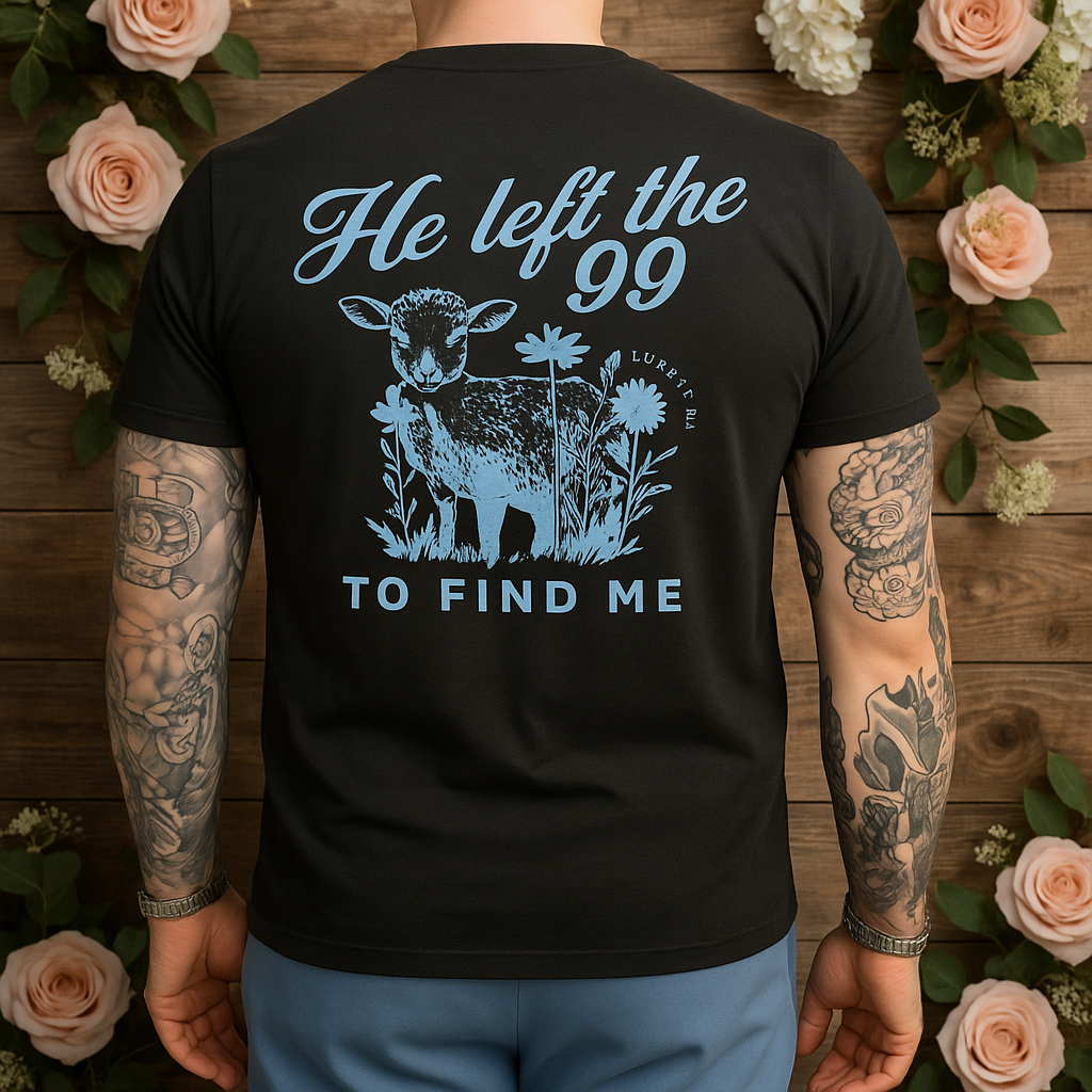 “He Left the 99 to Find Me” Heren T-shirt – Lost Sheep Redemption Tee (Zwart)