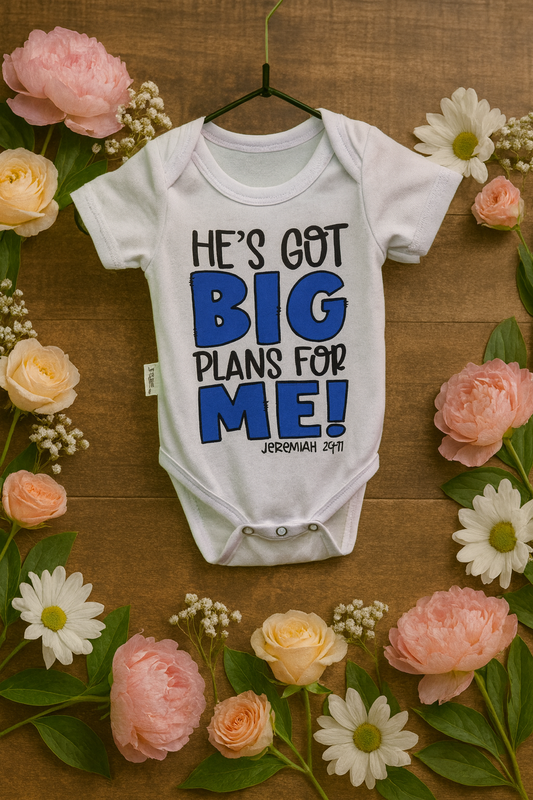 “He’s Got Big Plans for Me” Baby Romper – Jeremia 29:11 (Wit/Blauw)