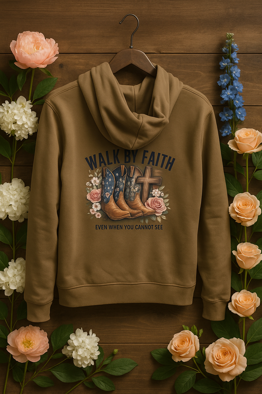 “I Walk By Faith” Hoodie – Bruin | Unisex Faithwear Collectie