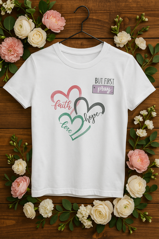 "But First, Pray" Wit T-shirt – Faith | Hope | Love | Maat 140