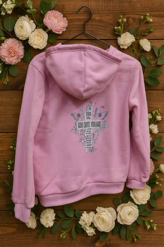"God Says You Are" Hoodie – Roze | Damesmaat XS