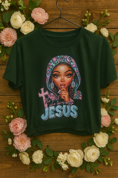 Crop Top “Spiritual Girl Who Loves Jesus” – Zwart | Maat S/M