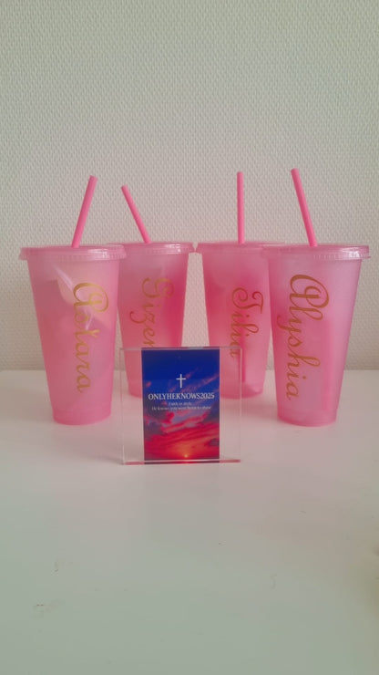 850 ML Custom Beker met Rietje - Personaliseerbare Drinkbeker Roze/Zwart