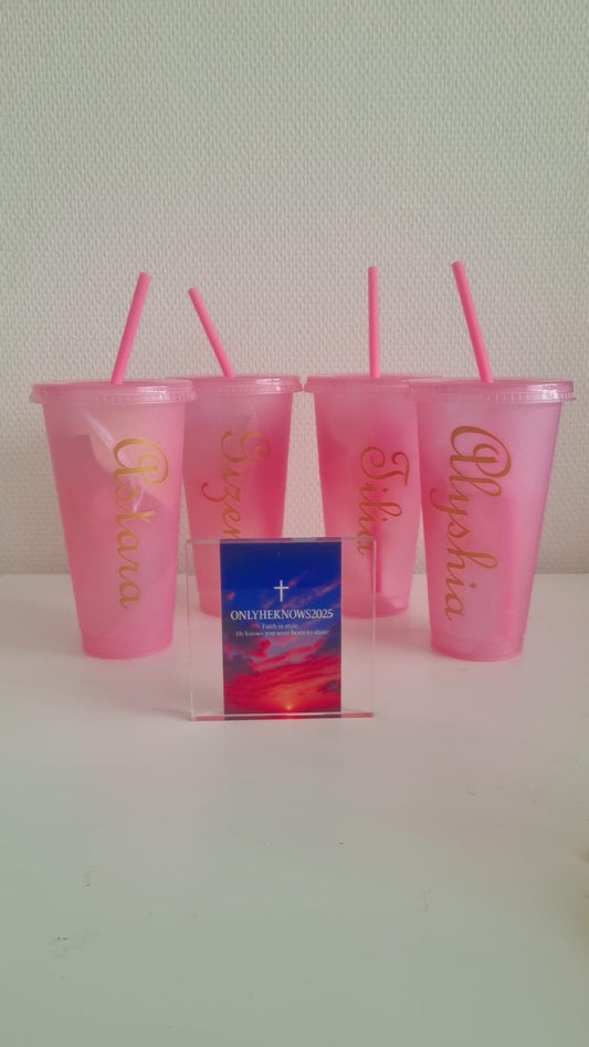 850 ML Custom Beker met Rietje - Personaliseerbare Drinkbeker Roze/Zwart